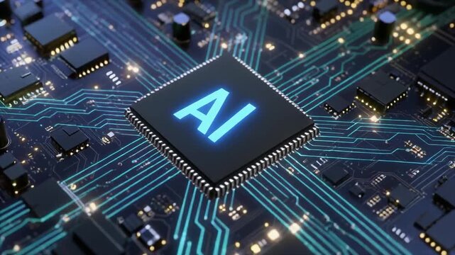A close-up of a microchip with AI on a circuit board with glowing lines and components in the background, symbolizing artificial intelligence and technology, possibly for a tech-related article or