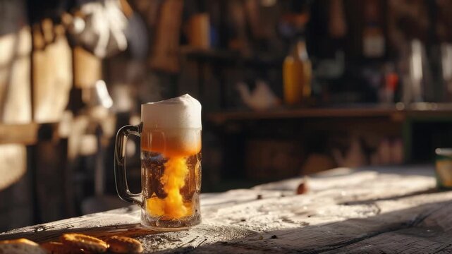 Close-up of a pint of beer with foam on top, placed on the bar counter at a pub or restaurant.