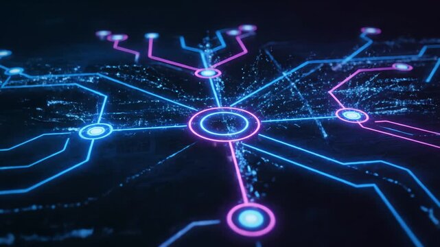 Abstract visualization of a complex digital network with glowing nodes and data pathways, symbolizing global connections, advanced technology, and seamless information flow