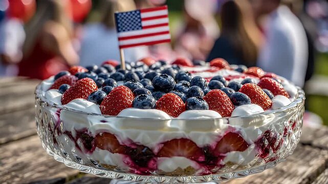 American flag dessert with berries and cream at outdoor celebration