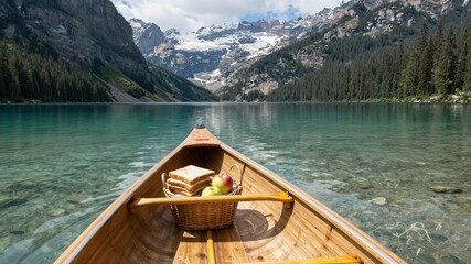 Obraz premium Mountain Lake Canoe Picnic