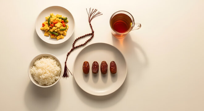 Hidangan Sederhana Buka Puasa dan Sahur dengan Kurma dan Tasbih