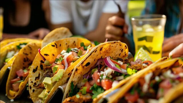A plate of tacos with various fillings and garnishes ready to be enjoyed at an outdoor dining event.