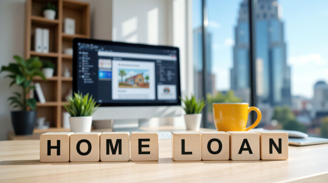 Home loan and mortgage approval for property buyer, banking finance for house purchase with interest rate and monthly payment planning, real estate funding message with copy space