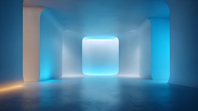 Abstract Minimalist Space with Blue and White Lighting: The image features a minimalistic, contemporary interior, illuminated by a blend of cool blue and warm white lighting.