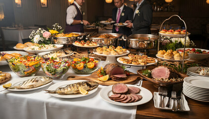 Elegant Buffet Spread with Diverse Culinary Delights, Featuring Fresh Salads, Appetizers, Carved Meats, and Seafood for a Celebratory Occasion