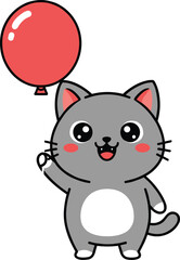 Obraz premium Cute grey cat character holding a red balloon, sweet cartoon animal mascot for birthday party, celebration, and kids nursery decor.