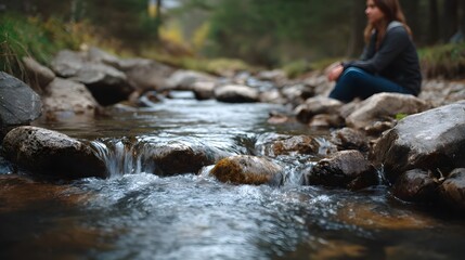 A young woman sits by a gently flowing stream amidst rocks in a natural woodland setting