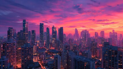 Fototapeta premium Modern downtown skyline illuminated with thousands of glowing lights as towering glass skyscrapers reflect purple and pink sunset hues.