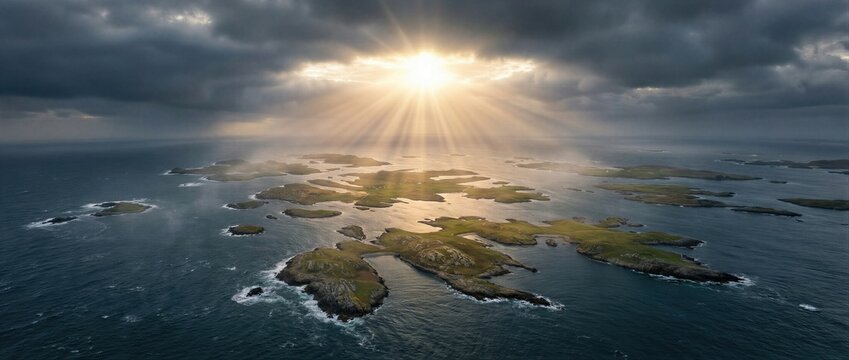 Divine light over sea and land, creation of world day three. God separates water from dry ground. Biblical genesis concept. Banner with copy space