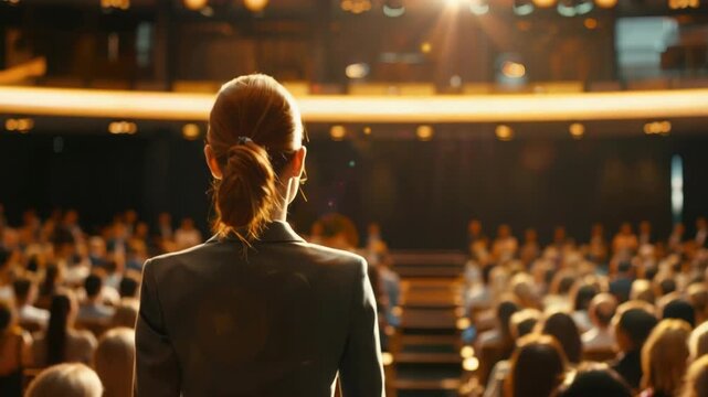 A professional woman in a suit standing on stage addressing an audience with confidence and charisma. She is the focal point of the , looking engaged and eloquent as she delivers her speech.