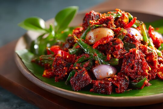 Tempong featuring spicy sambal coated ingredient bold texture vibrant Indonesian dish detail clean professional stock photo sharp macro photography style cinematic realism ultra photorealistic no text