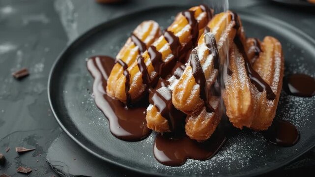 A plate of delicious churros with a rich chocolate sauce drizzled on top. The sauce is slowly dripping down the sides of the churros, creating a mouth-watering presentation