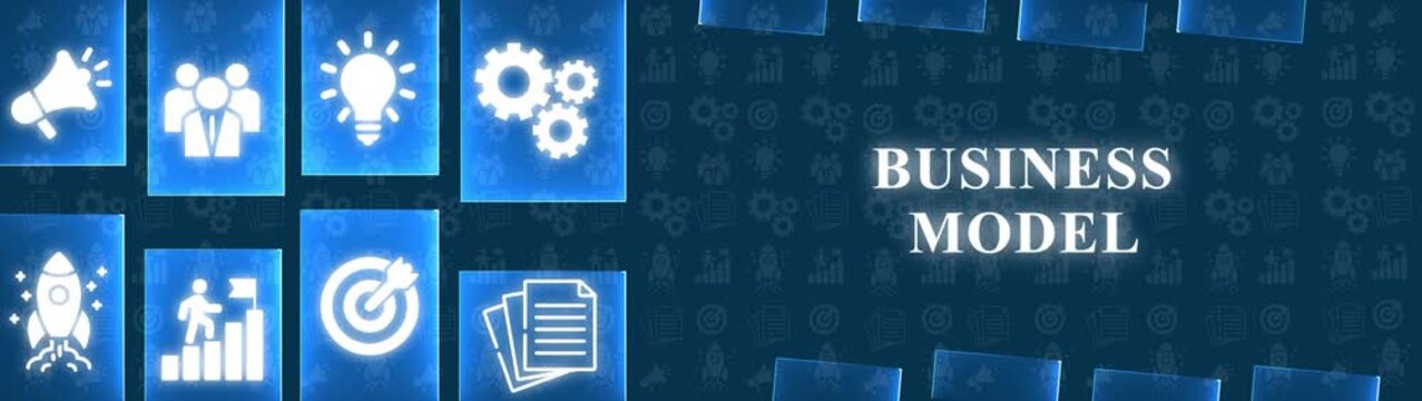 Business model concept with glowing icons and text on a dark blue background with patterns idea teamwork