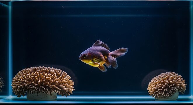A fish swims near coral in an aquarium tank viewed from the front