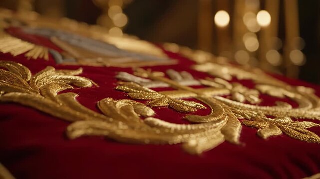 Close up of red velvet fabric with golden baroque embroidery pattern and blurred candle light background. Traditional religious textile.