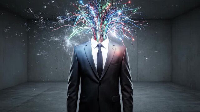 Businessman with an exploding brain of colorful light lines. Creative ideas, intelligence and business planning concept.