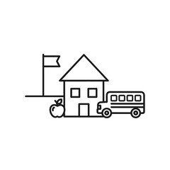 Fototapeta premium Stylized School House with Bus, Apple, and Flag Illustration