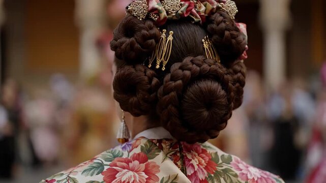 Woman with intricate traditional hairstyle and floral dress at a cultural event. Valencian fallera bun with golden comb, costume design.