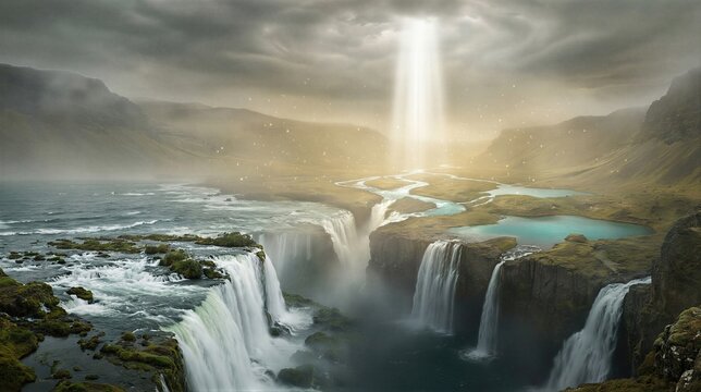 Stream of light shining on a grand waterfall and river landscape. God created the firmament, separating water creating land on genesis day three.