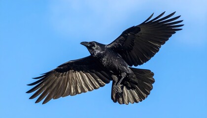 Obraz premium A large, black bird with outstretched wings soars against a vibrant, cloudless blue sky