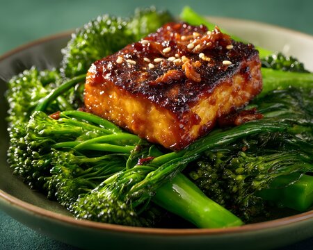 Sesame glazed roasted chestnut crisped tofu perched upon emerald sea of peppery roasted broccoli rabe shoot clean professional stock photo sharp macro photography style cinematic realism ultra