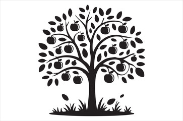 Obraz premium A stylized black silhouette of an apple tree with fruit and grass