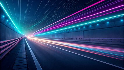 Fototapeta premium Entering a futuristic tunnel at night, with vibrant neon light streaks guiding the way, creating an immersive experience of speed and passage.