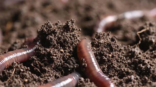 Earthworms Crawling on Soil Surface Closeup.
