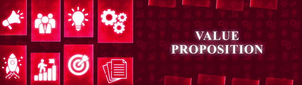 Value Proposition Concept With Icons Representing Strategy Planning And Growth On A Red Gradient Background