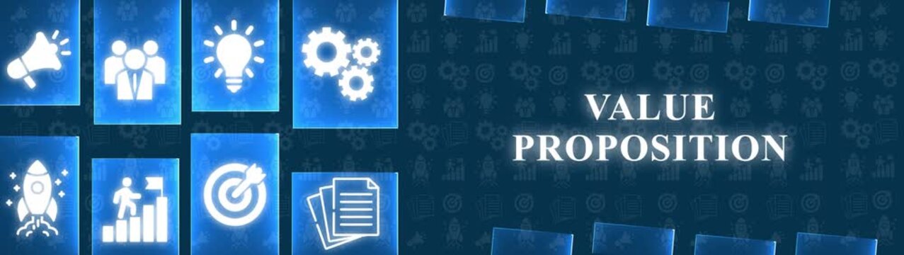 Value Proposition Concept With Icons Representing Strategy Planning And Growth On A Blue Gradient Background