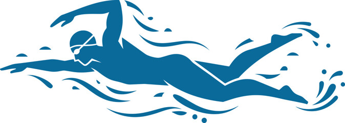 Naklejka premium Flat vector silhouette of a male swimmer performing a freestyle crawl stroke with dynamic blue water splashes. Ideal for aquatic sports branding and professional swim club logos.