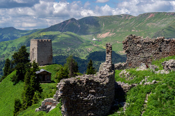 Medieval tower of Khikhani Fortress in the Caucasus mountains, Georgia