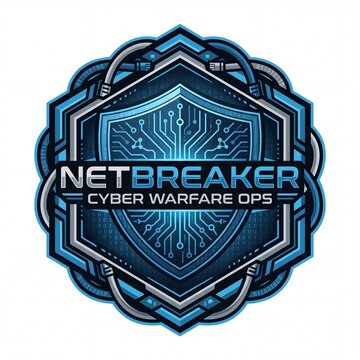 Dynamic "NetBreaker Cyber Warfare Ops" logo. Futuristic digital security emblem with circuit board patterns, binary code, and shield design for tech branding.