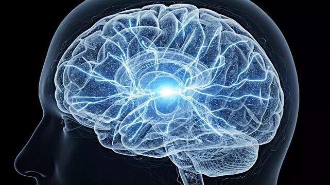 3D Transparent Human Brain with Glowing Neural Eye Interface, Futuristic AI Mind Visualization, Digital Consciousness Concept, Neuroscience Technology Background Animation in 4K