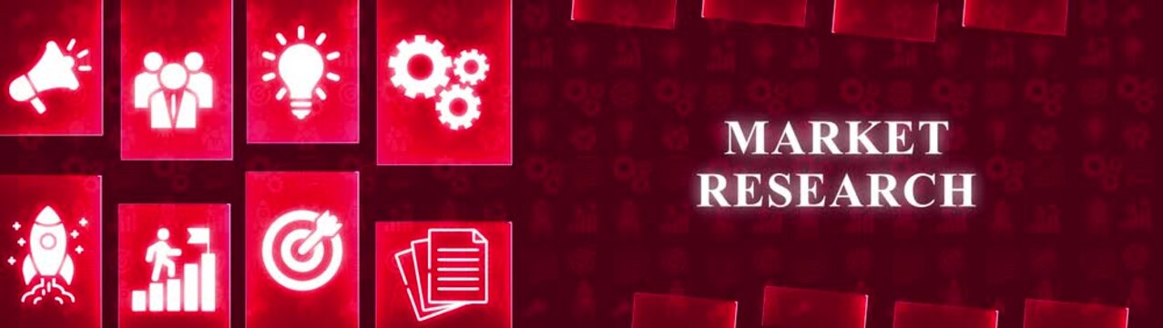 Business Strategy Icons and Market Research Text on a Red Gradient Background with Pattern image photo