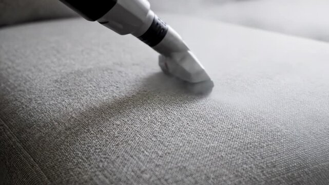 Steam cleaning sofa process with nozzle releasing vapor on gray fabric upholstery, showing sanitization and deep cleaning technique for household furniture.
