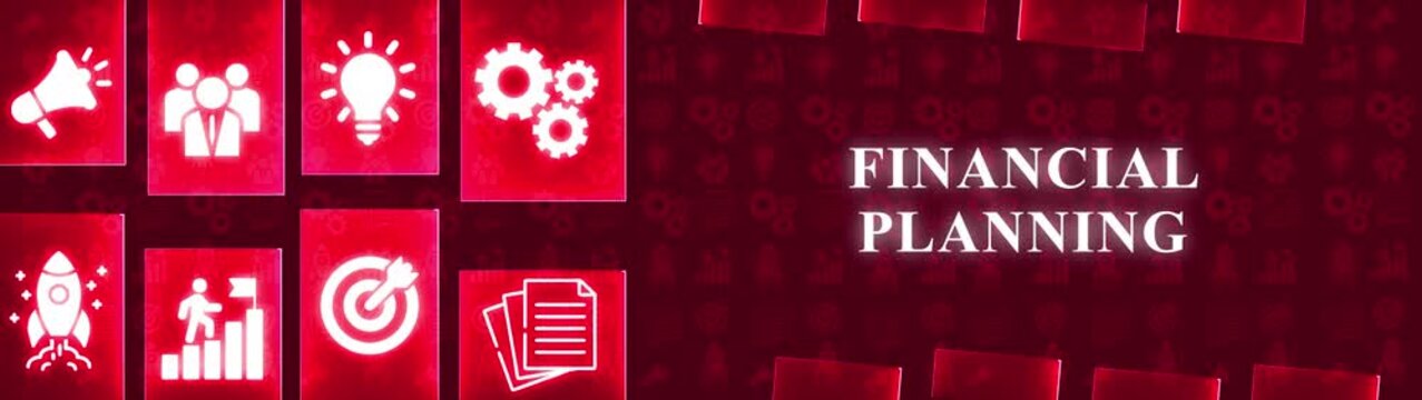 Business Strategy Icons and Financial Planning Text on a Red Gradient Background with Pattern image