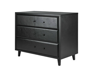 Sleek black faux leather dresser with four drawers and tapered legs