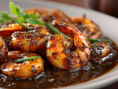 Petis runting highlighting seafood coated dark shrimp paste sauce glossy sticky texture bold Indonesian flavor focus clean professional stock photo sharp macro photography style cinematic realism