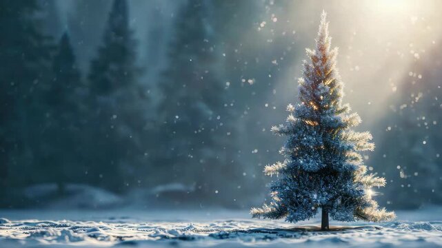 A small white Christmas tree is standing in the snow. The tree is surrounded by snow and is the only object in the