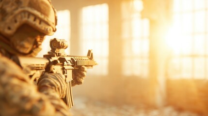 Obraz premium Soldier aims rifle in sunlit abandoned building during training session