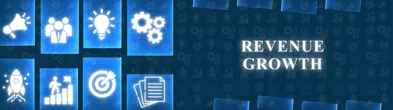 Business Strategy Icons and Revenue Growth Text on a Blue Gradient Background with Pattern image photo