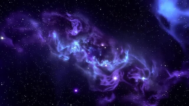 A majestic journey through a vibrant purple and blue cosmic nebula where glowing star clusters and swirling interstellar dust clouds create a seamless, awe-inspiring celestial expanse.