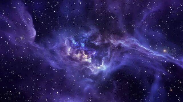 A majestic journey through a vibrant purple and blue cosmic nebula where glowing star clusters and swirling interstellar dust clouds create a seamless, awe-inspiring celestial expanse.