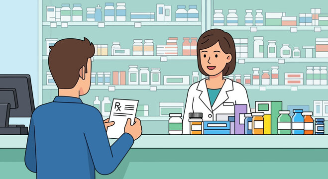 pharmacist assisting customer with prescription at pharmacy counter
