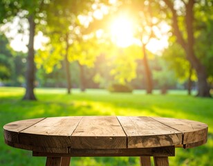 Naklejka premium Wooden table foreground, park background with sunlight, nature