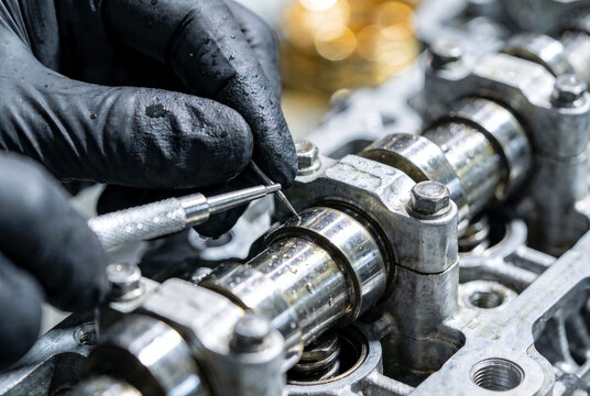 Close-up macro view of technician's hands in textured black nitrile gloves using fine metal tool to calibrate complex polished chrome engine component. Intricate metallic textures with tiny droplets o