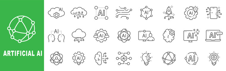 Naklejka na ściany i meble Artificial intelligence AI outline icon set featuring machine learning, neural network, brain, cloud computing, automation technology concepts data analytics innovation