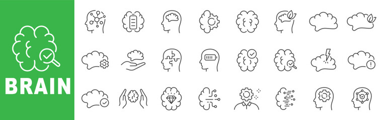 Brain outline icon set featuring mind, cognition, neuroscience, mental health, creativity and neural network symbols editable stroke line design © tutti_frutti